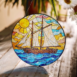 Sailing Ship Stained Glass Suncatcher Window Hanging Nautical Decor Gift for Dad