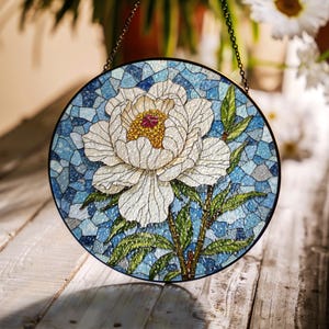 Peony Stained Glass Suncatcher Floral Window Hanging Gift For Mom