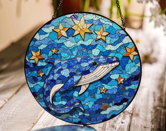 シロナガスクジラのステンドグラス サンキャッチャー 海の窓装飾