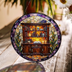 Potion bookshelf stained glass suncatcher spooky decor Halloween gift for witch lovers
