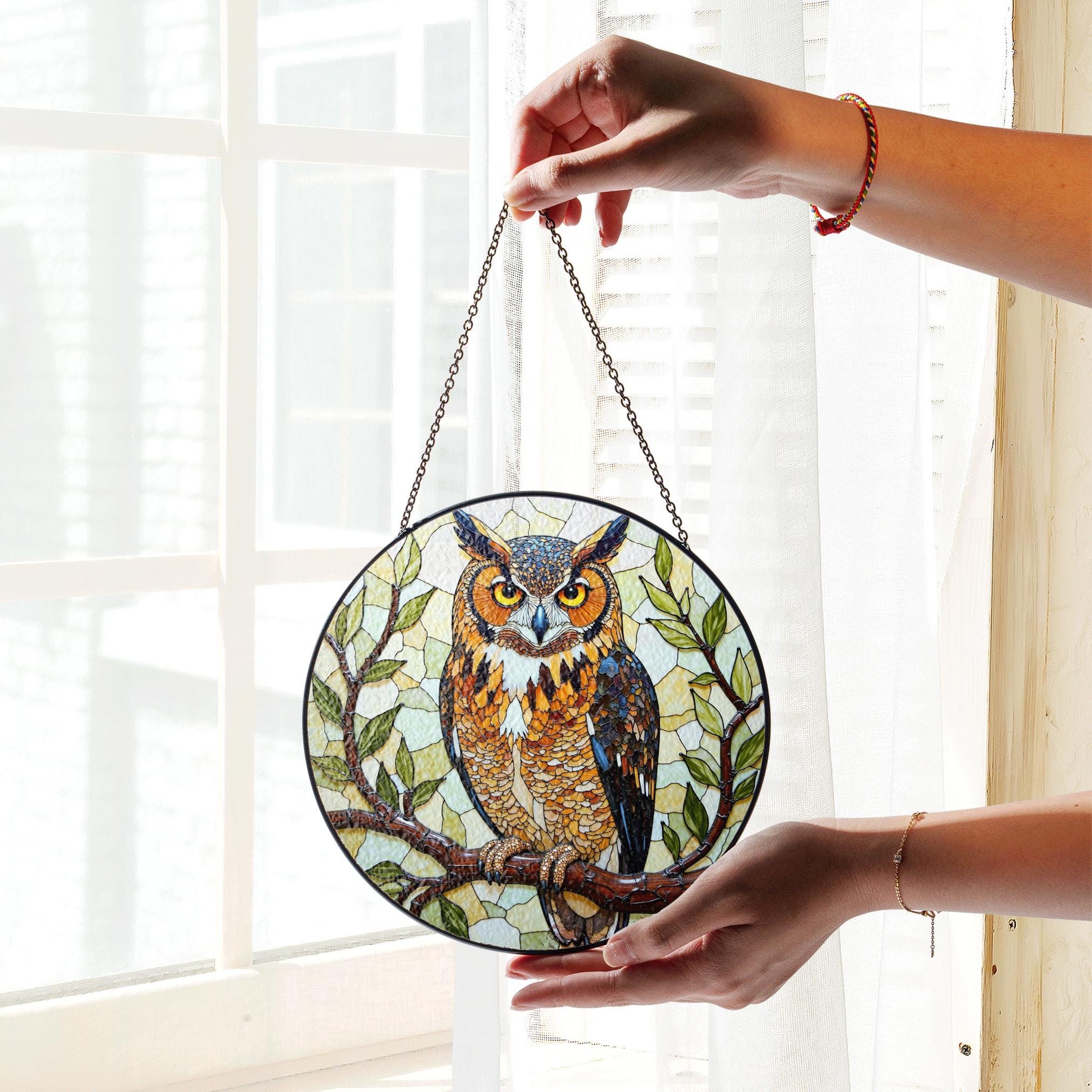 HAOSUM Buntglas-Sonnenfänger 'Eule' – Fensterdekoration Als Geschenk Für Vogelliebhaber