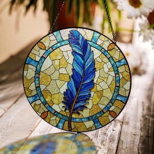 Blue Feather Stained Glass Suncatcher Nature Inspired Decorative Window Hanging Gift for Her