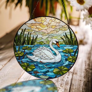 Elegant swan on lily pond stained glass suncatcher window hanging nature decor gift for mom or birthday