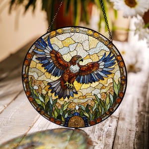 soaring hawk stained glass panel round bird suncatcher window decor gift for bird lovers