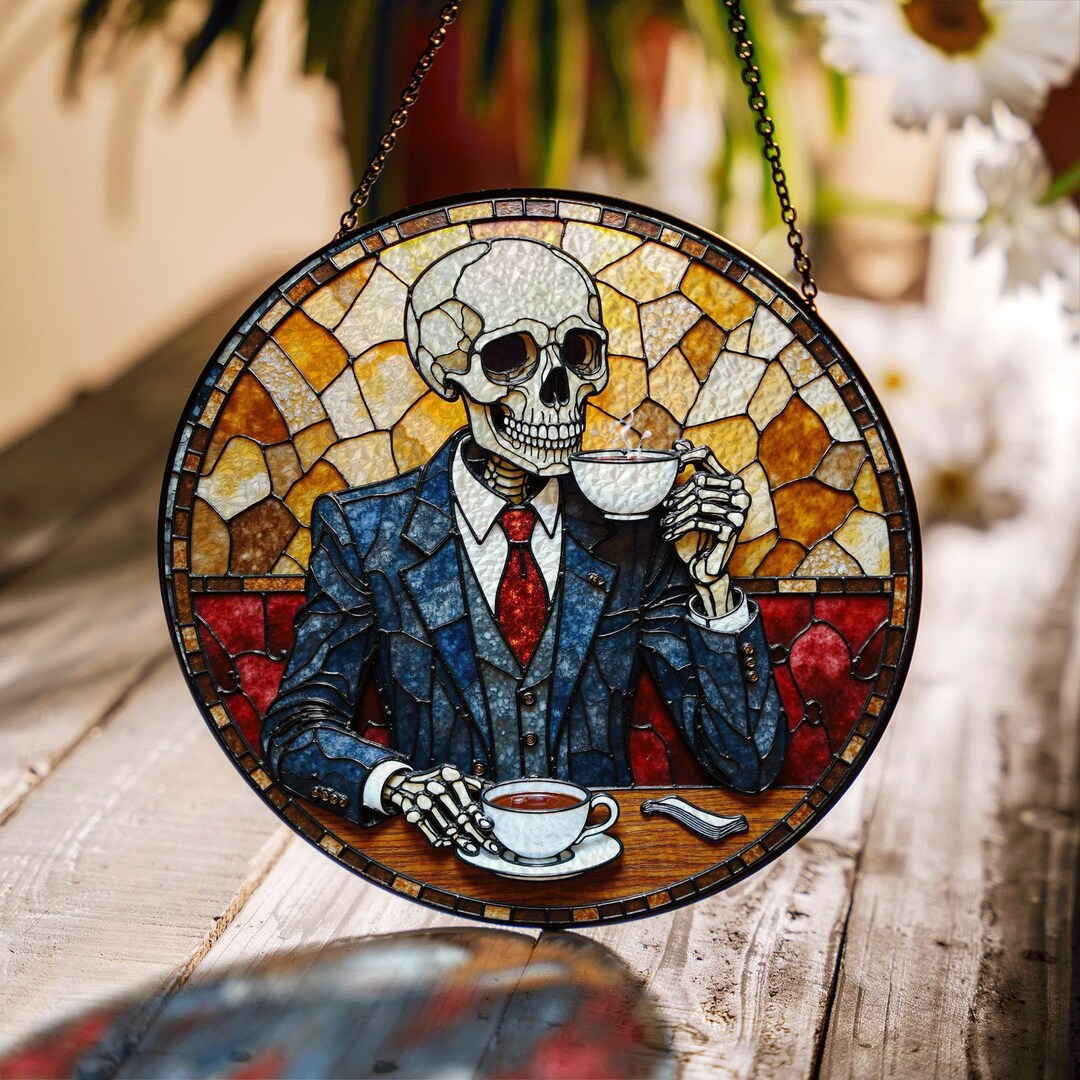 Skeleton Making Tea Skeleton Drinking Tea Stained Glass Suncatcher Gothic Home Decor Gift ...