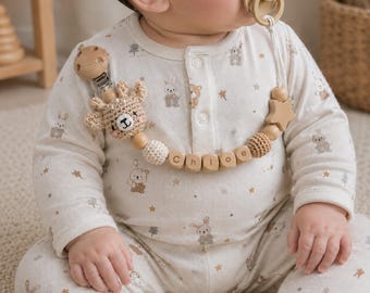 Personalized Crochet Pacifier Clip with Name, Animal Dummy Clip, Wooden Soother Holder, Custom Baby Gift, Newborn Shower Keepsake