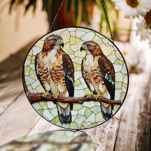 two hawks perched on a branch stained glass window hanging bird art suncatcher gift for birdwatcher dad
