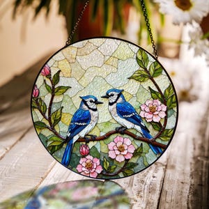Cadeau attrape-soleil attrape-soleil floral en vitrail geai bleu pour les amateurs d&#39;oiseaux