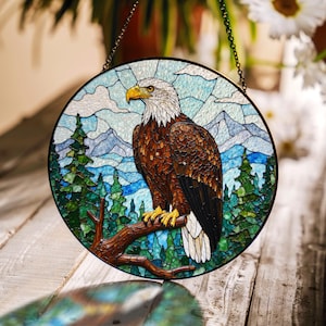 Bald Eagle Mountain Scene Suncatcher Window Hanging Wildlife Decor Gift for Independence Day or Father