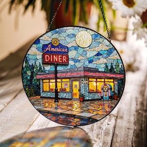 Retro American Diner Stained Glass Suncatcher Vintage Window Decor Gift for Christmas