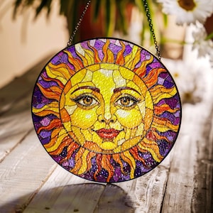 Stained Glass Sun Catcher with Colorful Sun Design Gift for Home or Garden Decor