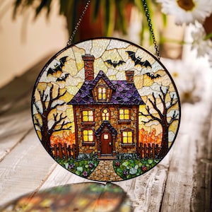 Suncatcher stained glass haunted house with bats Halloween gift for mom spooky home decor