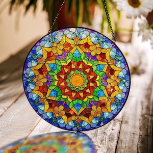 Mandala Stained Glass Suncatcher – Vibrant Round Window Decor
