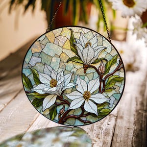 White magnolia floral stained glass suncatcher nature window decor gift for mother