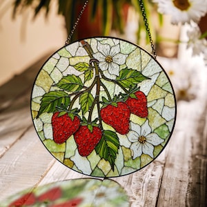Strawberry Stained Glass Suncatcher Window Art Vintage Floral Design Sun Catcher Gift for Her