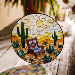 Desert chair cactus art suncatcher stained glass window decor Southwest gift for her