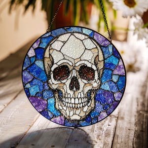 Skull Stained Glass Suncatcher with Purple Blue Glass Handmade Gift for Halloween Home Decor