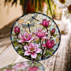 Stained Glass Suncatcher Magnolia Flowers with Dragonflies Window Art Gift