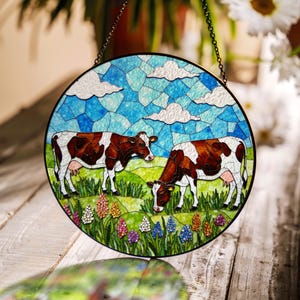 Cows in meadow stained glass suncatcher farm animal window decor gift for mom