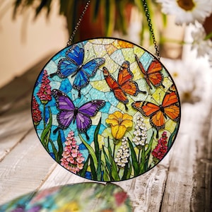 Colorful butterflies and garden flowers round stained glass suncatcher window decor gift for mom