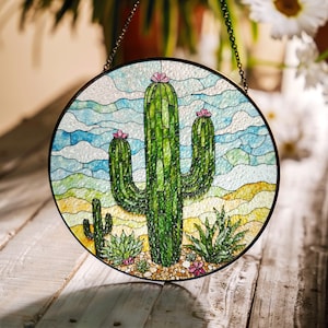 Cactus Stained Glass Suncatcher Desert Window Art Gift for Cactus Lovers