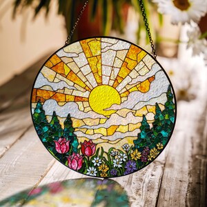 Stained glass sun and wildflower suncatcher window hanging nature decor gift for her mothers day gift