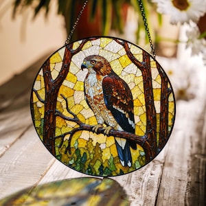 Majestic hawk in forest stained glass suncatcher round window hanging gift for bird lovers and nature enthusiasts