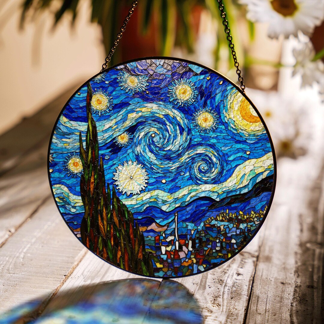 Starry Night Stained Glass Suncatcher Van Gogh Art Window Decor Gift ...