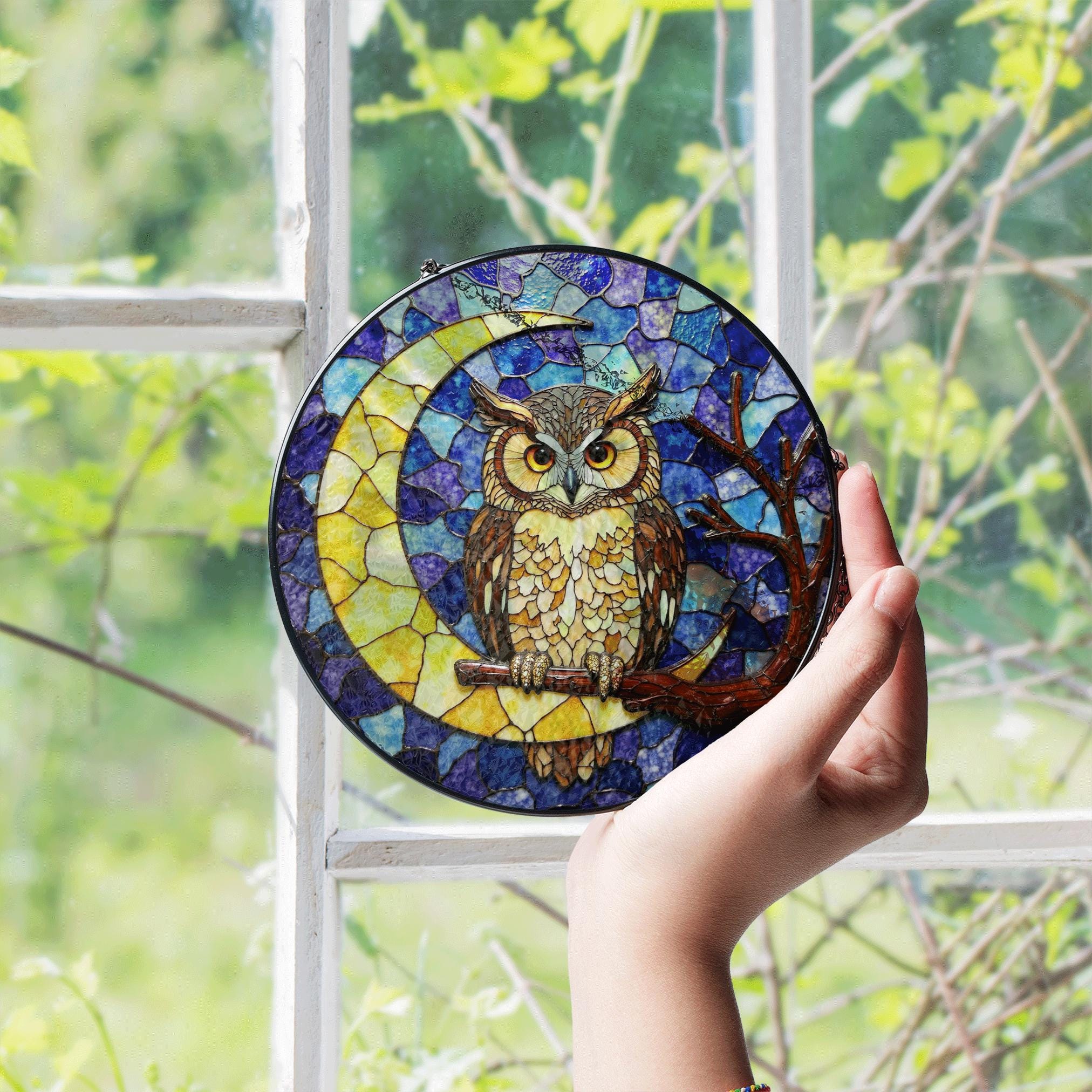 EPOGIFTS Buntglas-Eule Fensteraufhänger – Sonnenfänger In Blau, Gelb, Grün | Deko Für Fenster, Geschenk Für Eulenliebhaber