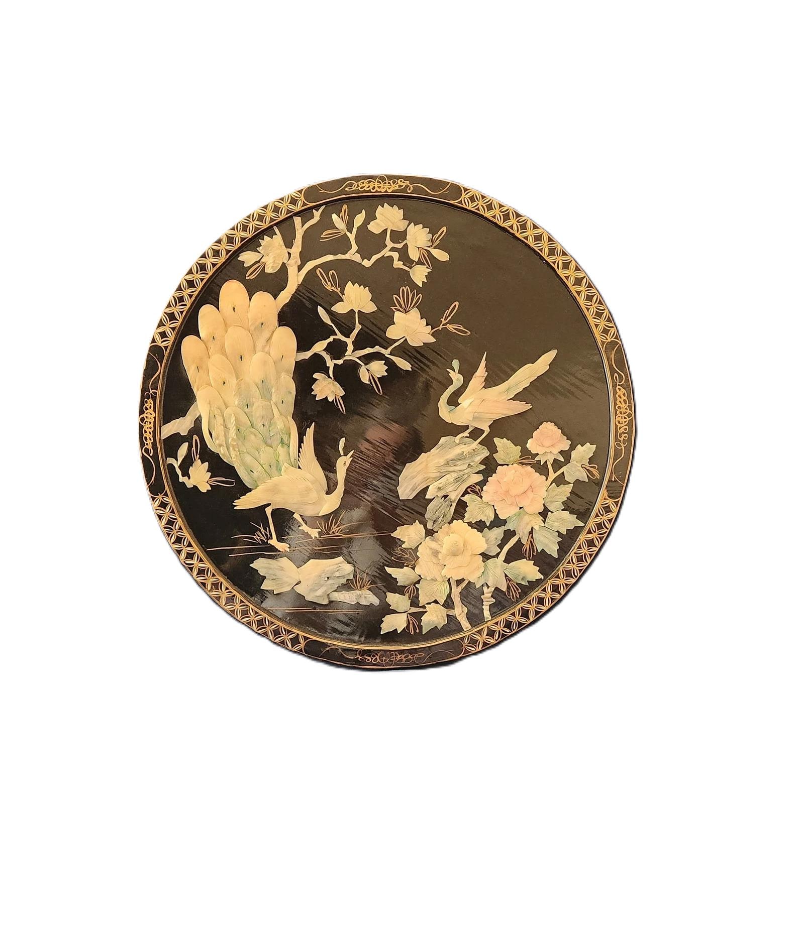 ヴィンテージ漆塗り張り子壁掛けトレイ、マザーオブパール象嵌アート