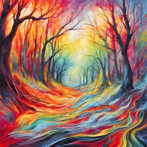 May include: An abstract painting of a forest path, rendered in vibrant colours. The artwork features a winding path through trees with red, orange, yellow, green, and blue hues. The trees have dark brown trunks and branches, with a bright light at the end of the path.