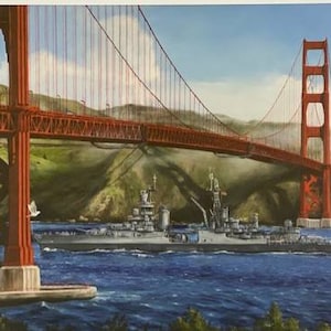 May include: A painting of a grey battleship sailing under the Golden Gate Bridge in San Francisco. The bridge is red and has a fog in the background.