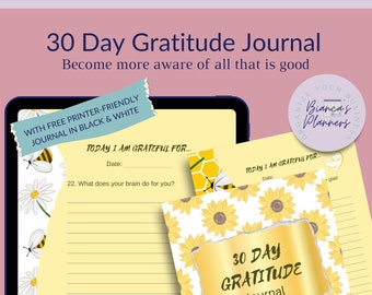30 Day Gratitude Journal: Sunflowers and Bees Theme (Printable PDF)