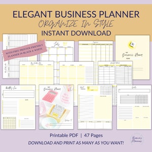 May include: A printable business planner with 47 pages. The planner has a yellow and white color scheme with a cute illustration of a calculator, pencils, and a cup with a quote that says "Get a girl boss building empire". The text "My Business Planner" is on the cover of the planner.