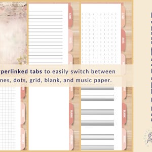 Puede incluir: Cuaderno digital con pesta&ntilde;as hipervinculadas para una f&aacute;cil navegaci&oacute;n entre p&aacute;ginas rayadas, punteadas, cuadriculadas, en blanco y de papel musical. El cuaderno tiene un esquema de color rosa y marr&oacute;n con un dise&ntilde;o floral en la portada.