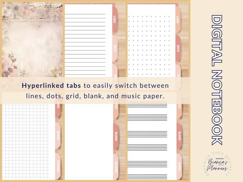 Puede incluir: Cuaderno digital con pesta&ntilde;as hipervinculadas para una f&aacute;cil navegaci&oacute;n entre p&aacute;ginas rayadas, punteadas, cuadriculadas, en blanco y de papel musical. El cuaderno tiene un esquema de color rosa y marr&oacute;n con un dise&ntilde;o floral en la portada.