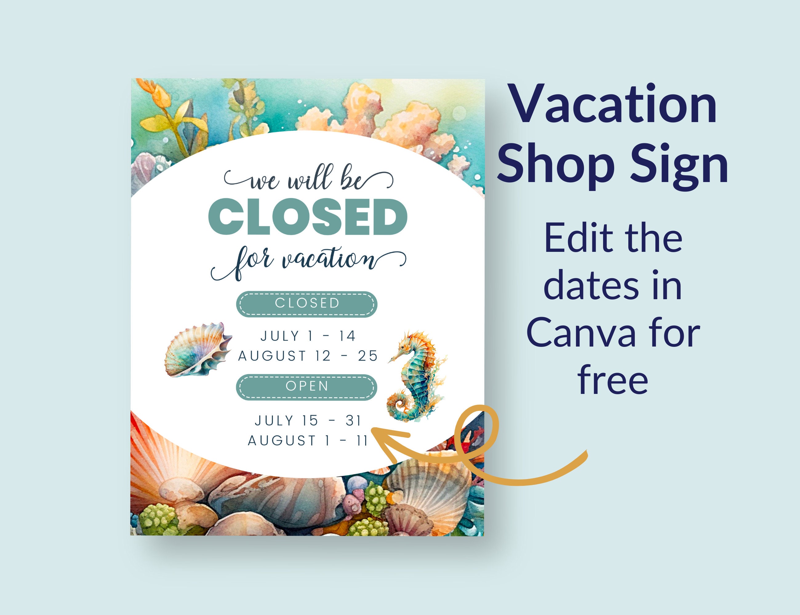 Customizable Shop Closed Sign: Ocean Theme Vacation Hours 