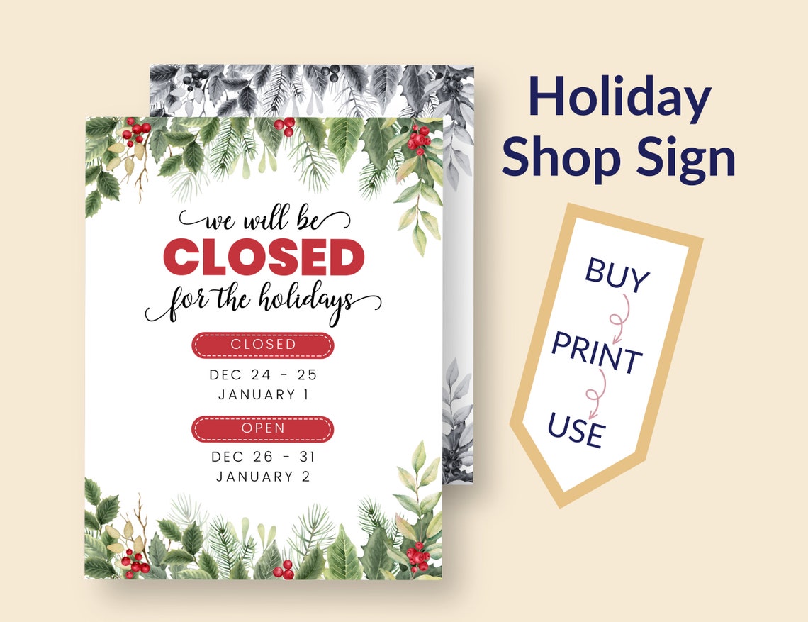 Customizable Holiday Closed Sign | Printable Shop Open Hours | December ...