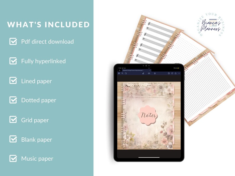 Puede incluir: Un planificador digital con una est&eacute;tica vintage, que ofrece una variedad de estilos de papel, incluyendo papel rayado, punteado, cuadriculado, en blanco y papel musical. El planificador est&aacute; completamente hipervinculado e incluye una descarga directa de PDF.
