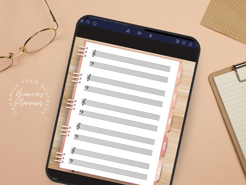 Puede incluir: Una p&aacute;gina de planificador digital con una hoja de pentagrama musical en blanco. La p&aacute;gina tiene pesta&ntilde;as etiquetadas como "Reuni&oacute;n", "Objetivos", "Ideas", "Tareas" y "Notas".
