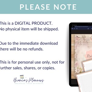 Puede incluir: Una imagen de producto digital que muestra una pantalla de tableta que muestra un planificador con un dise&ntilde;o floral y el texto "Notes". La imagen tambi&eacute;n incluye texto que dice: "Este es un PRODUCTO DIGITAL. No se enviar&aacute; ning&uacute;n art&iacute;culo f&iacute;sico. Debido a la descarga inmediata, no habr&aacute; reembolsos. Esto es solo para uso personal, no para ventas, acciones o copias adicionales. Bianca's Planners ORGANIZA TU NEGOCIO"