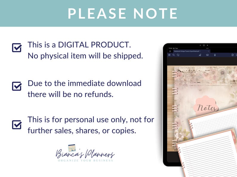 Puede incluir: Una imagen de producto digital que muestra una pantalla de tableta que muestra un planificador con un dise&ntilde;o floral y el texto "Notes". La imagen tambi&eacute;n incluye texto que dice: "Este es un PRODUCTO DIGITAL. No se enviar&aacute; ning&uacute;n art&iacute;culo f&iacute;sico. Debido a la descarga inmediata, no habr&aacute; reembolsos. Esto es solo para uso personal, no para ventas, acciones o copias adicionales. Bianca's Planners ORGANIZA TU NEGOCIO"