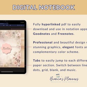 Puede incluir: Un cuaderno digital con una est&eacute;tica vintage. El cuaderno est&aacute; abierto en la pantalla de una tableta y muestra una p&aacute;gina con un dise&ntilde;o floral y la palabra "Notes" escrita en un c&iacute;rculo rosa. El texto en la pantalla describe el cuaderno como totalmente hipervinculado, profesional y con pesta&ntilde;as para saltar f&aacute;cilmente a diferentes secciones.