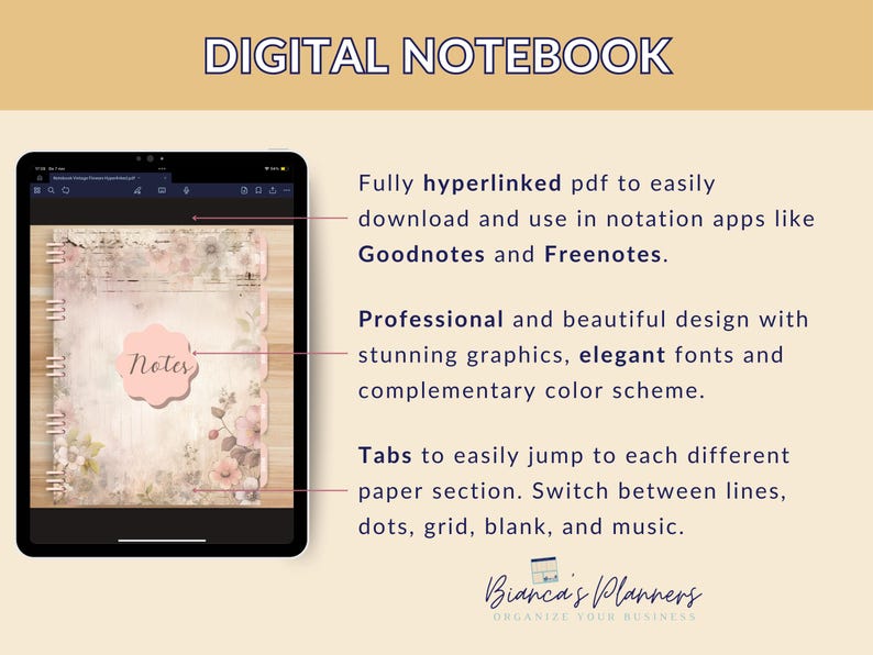 Puede incluir: Un cuaderno digital con una est&eacute;tica vintage. El cuaderno est&aacute; abierto en la pantalla de una tableta y muestra una p&aacute;gina con un dise&ntilde;o floral y la palabra "Notes" escrita en un c&iacute;rculo rosa. El texto en la pantalla describe el cuaderno como totalmente hipervinculado, profesional y con pesta&ntilde;as para saltar f&aacute;cilmente a diferentes secciones.