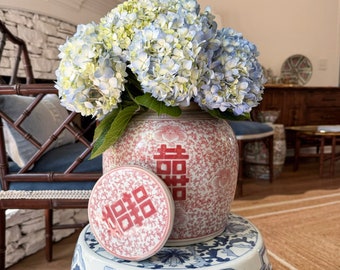 Double Happiness Red & White Porcelain Round Storage Jar | Red Double Happiness Jar | Double Happiness | Grandmillennial | Chinoiserie Décor