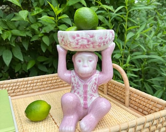 Pink and White Chinoiserie Floral Monkey with Bowl | Bar Cart Styling