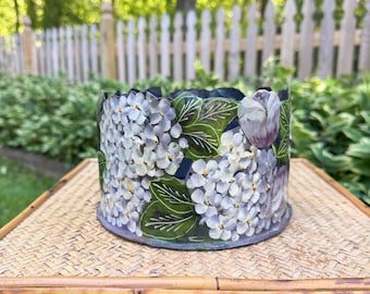 Vintage Hand-Painted Hydrangea Tole Metal Round Planter | Floral Metal Cachepot