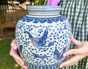Blue and White Polka Dots Butterfly Ginger Jar