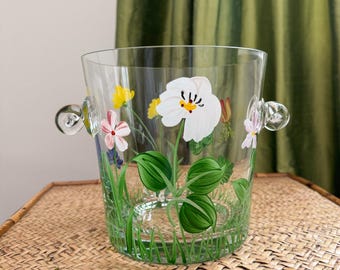 Vintage Hand-Painted Floral Glass Ice Bucket