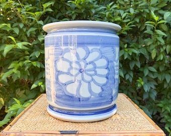 Hand Painted Floral Blue and White Porcelain Cachepot | Orchid Planter